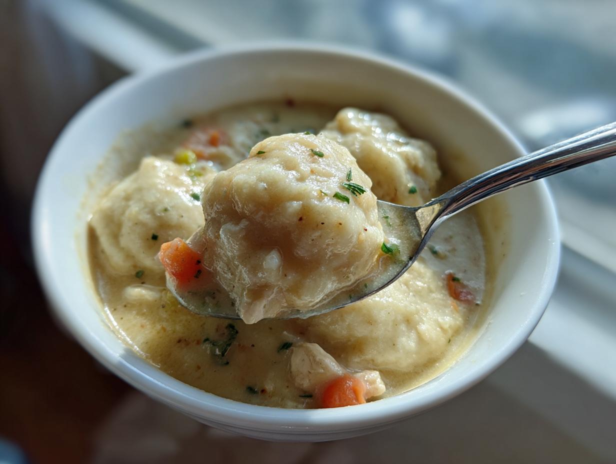 A spoonful of creamy chicken and dumpling, showing a large, soft dumpling and pieces of carrot in a white bowl.
