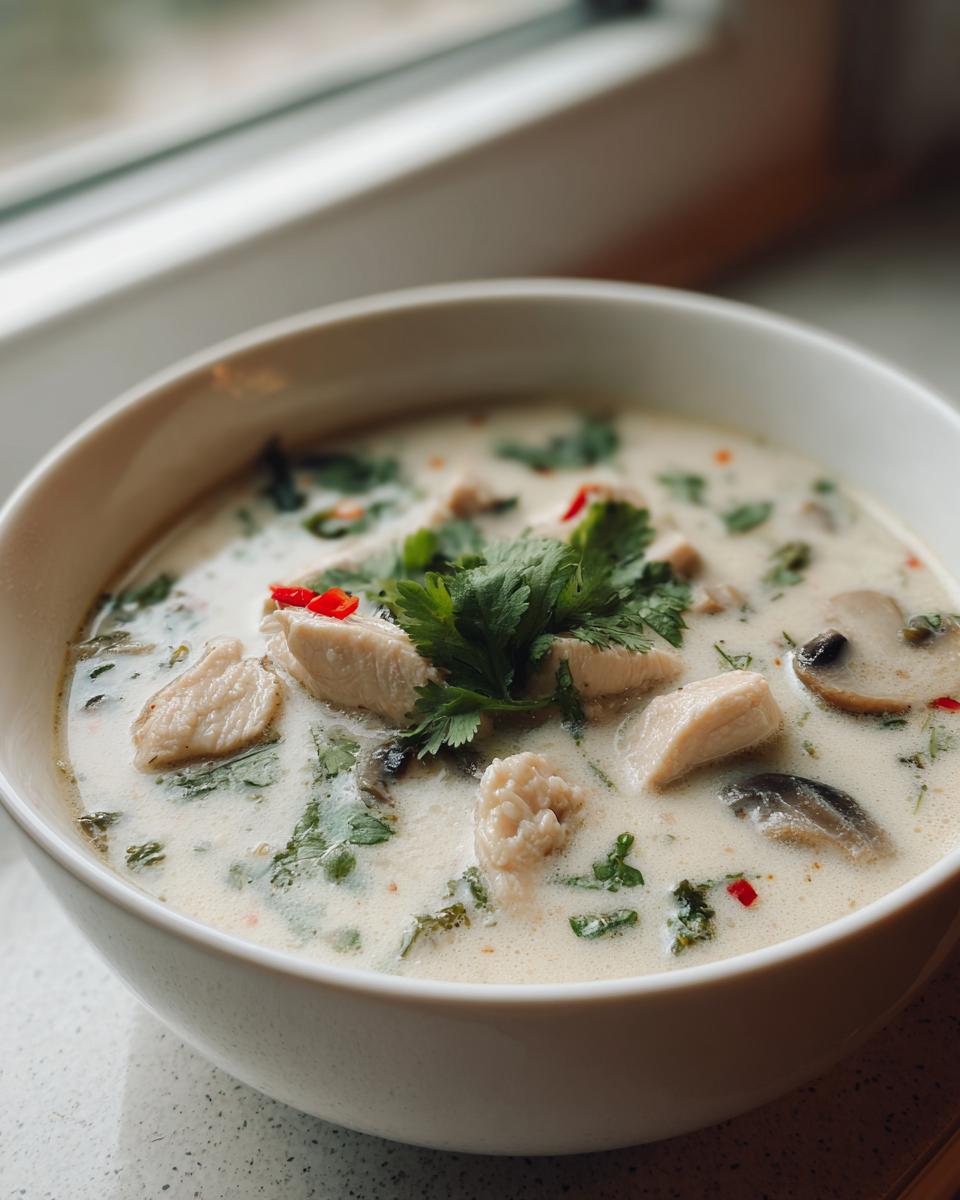 Close-up of a white bowl filled with creamy coconut soup featuring chunks of chicken, mushrooms, and fresh cilantro garnish.