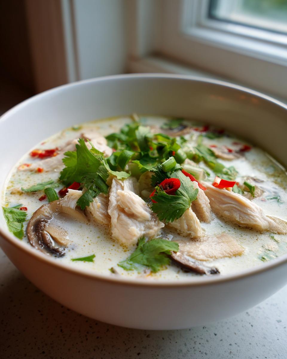 A close-up of a white bowl filled with creamy chicken coconut soup, garnished with cilantro and red chili slices.