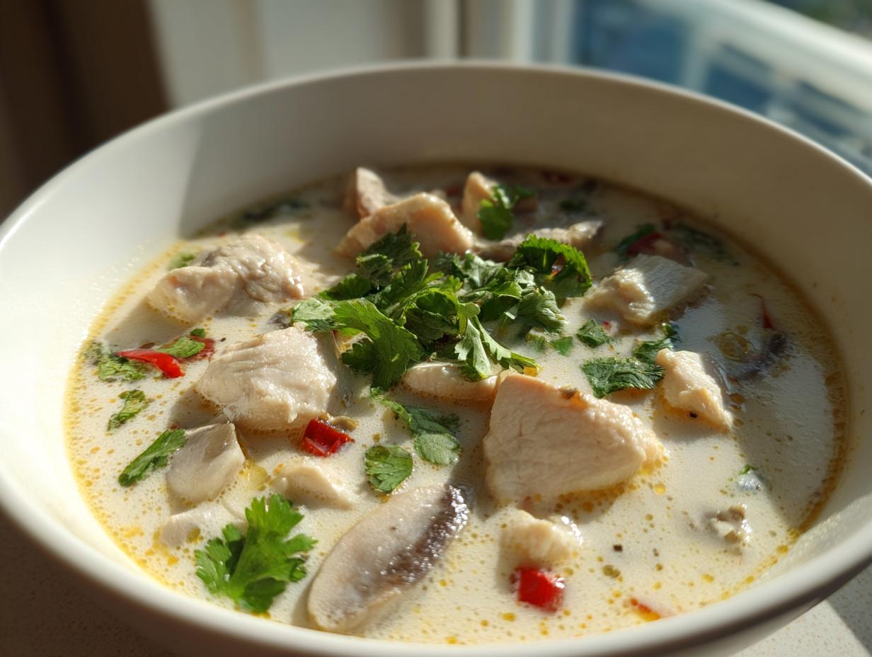 Close-up of a white bowl filled with creamy chicken coconut soup, garnished with fresh cilantro and red chili slices.