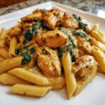 Close-up of creamy chicken pasta featuring penne noodles, seasoned chicken pieces, and wilted spinach.