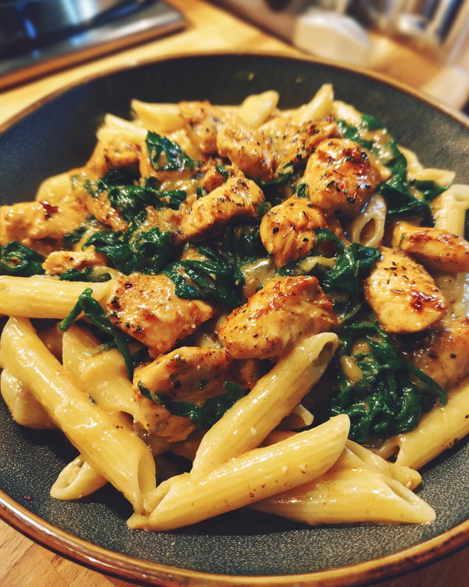 Close-up shot of creamy chicken pasta featuring penne, seared chicken pieces, and wilted spinach in a dark bowl.