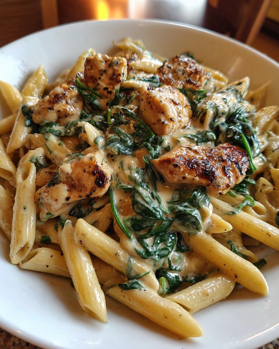 Close-up of creamy chicken pasta featuring penne, grilled chicken pieces, and wilted spinach in a white bowl.
