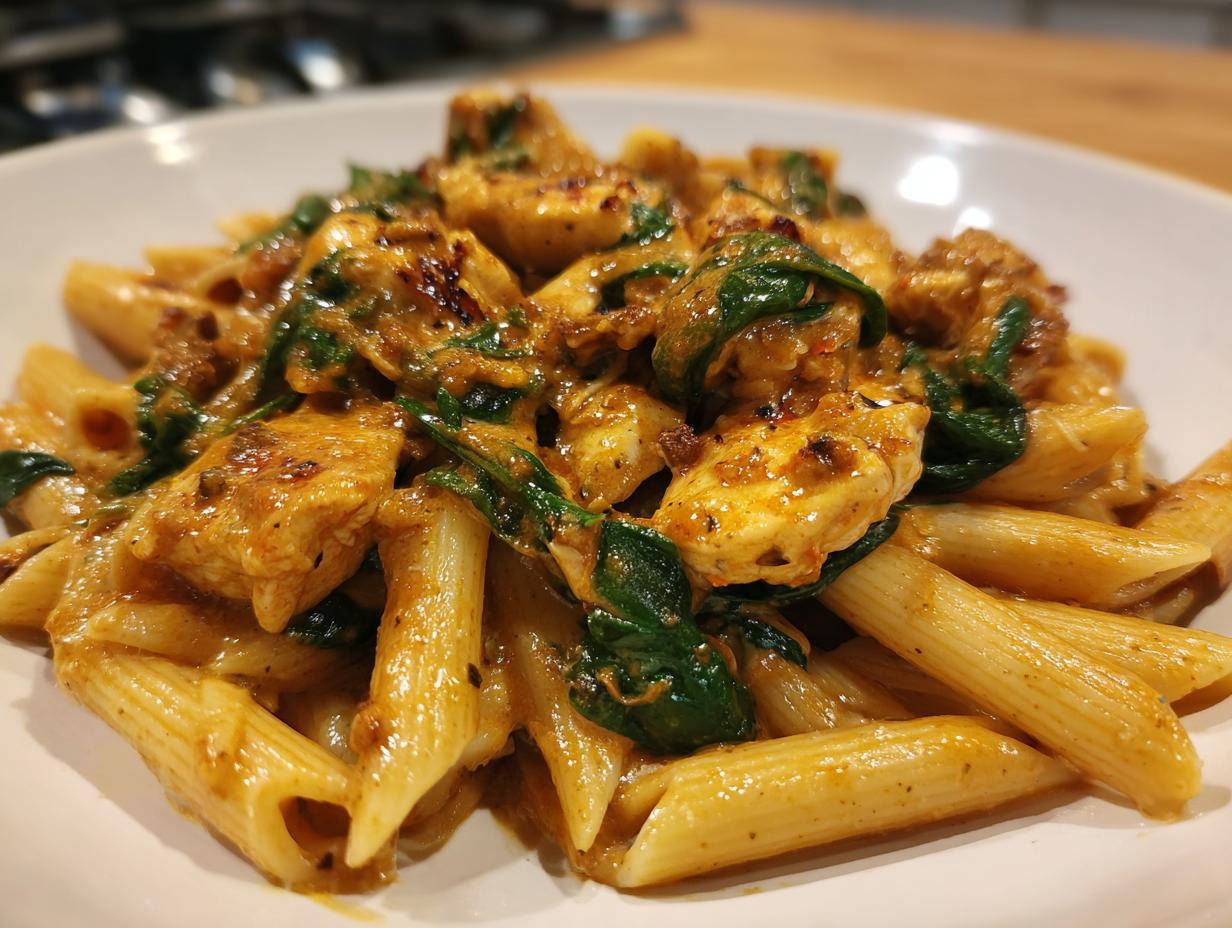 Close-up of a bowl of creamy chicken pasta featuring penne, seasoned chicken pieces, and wilted spinach.