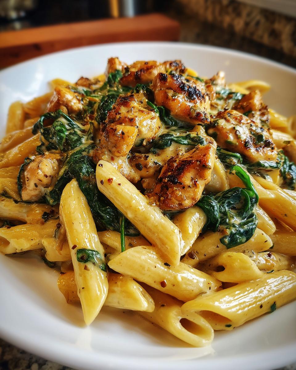 Close-up of creamy chicken pasta featuring penne, seared chicken pieces, and wilted spinach in a white bowl.