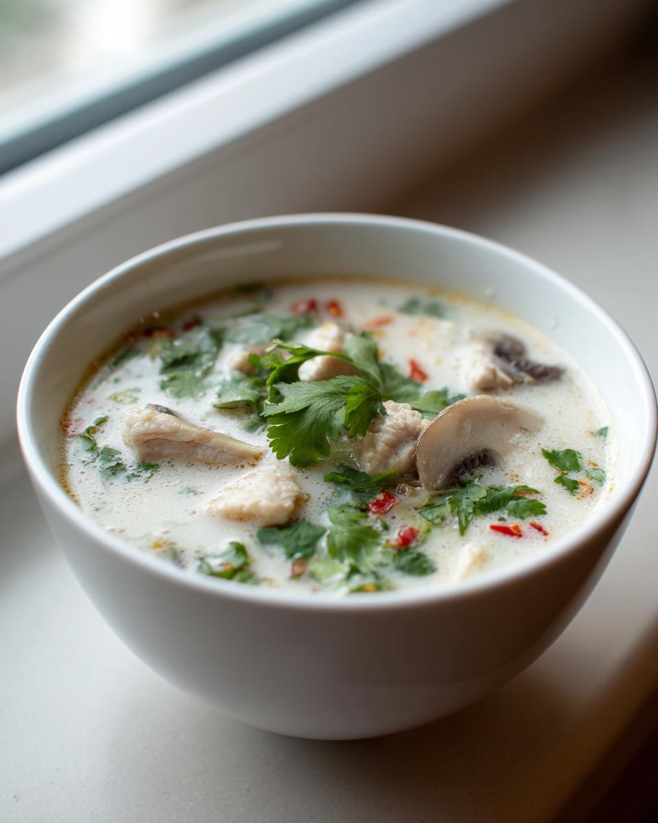 A white bowl filled with creamy coconut soup, featuring chunks of chicken, sliced mushrooms, and fresh cilantro garnish.