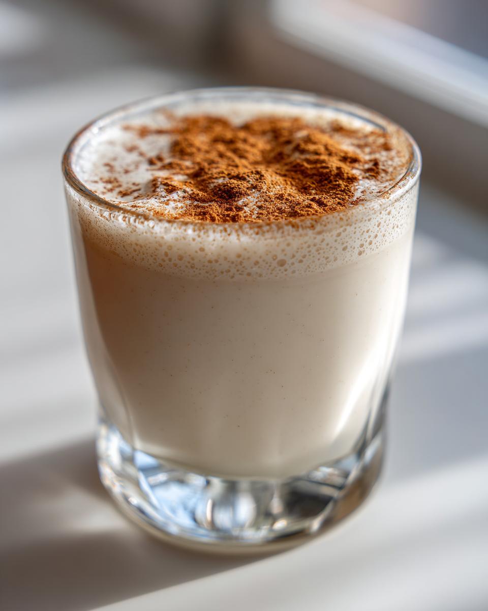 Close-up of a glass filled with creamy coquito recipe, topped with a dusting of ground cinnamon.