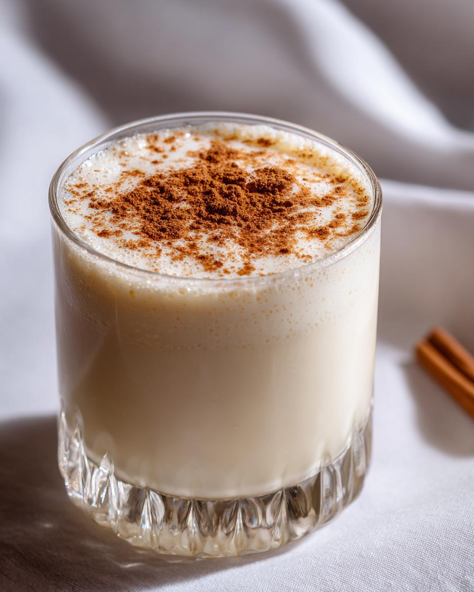 A glass of creamy, chilled coquito recipe topped generously with ground cinnamon.