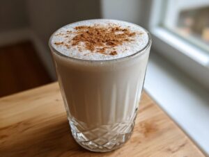 A tall, clear glass filled with creamy, light-colored coquito topped with a dusting of ground cinnamon.
