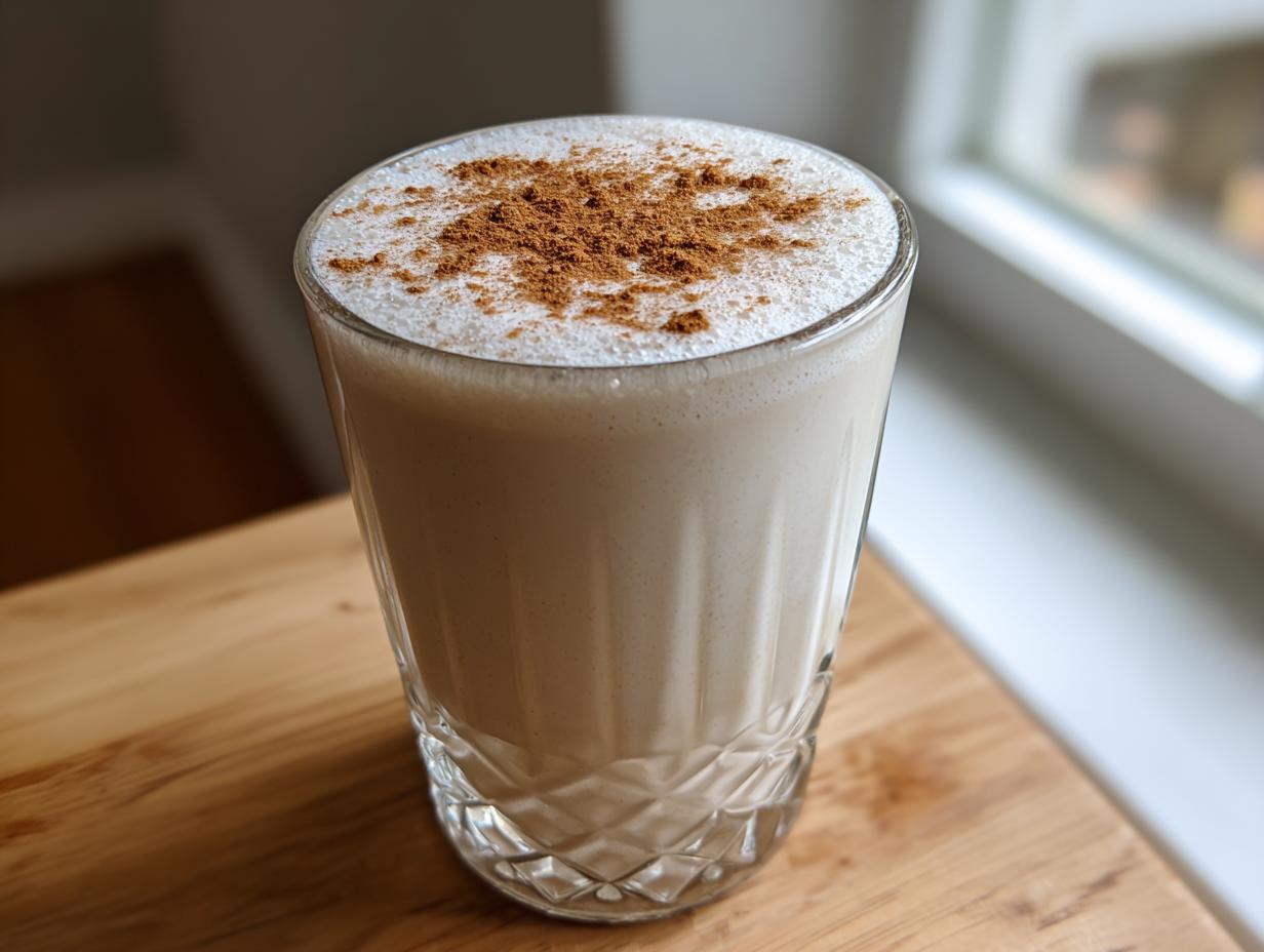 A tall, clear glass filled with creamy, light-colored coquito topped with a dusting of ground cinnamon.