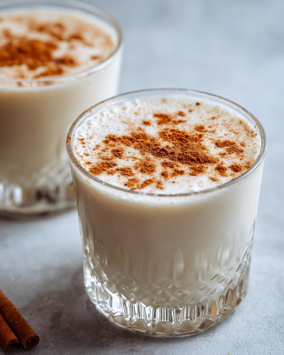 Close-up of a creamy coquito recipe drink topped with ground cinnamon in a textured glass.