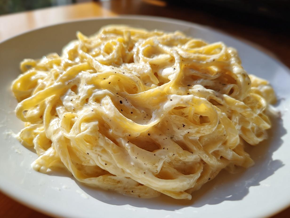 Close-up of fettuccine pasta generously coated in creamy olive garden alfredo sauce and black pepper.