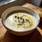 A creamy white bowl of amazing 1-Pot garlic soup garnished with fresh thyme and olive oil.