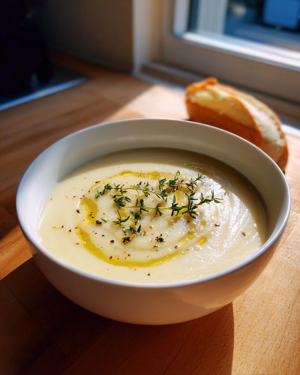 A white bowl filled with creamy garlic soup, drizzled with olive oil and topped with fresh thyme.