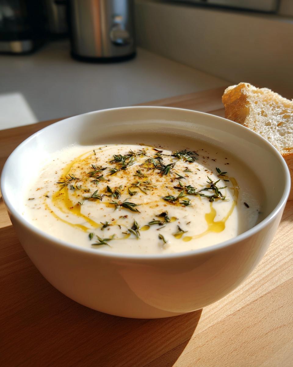A creamy white bowl of homemade garlic soup, drizzled with olive oil and topped with fresh thyme.