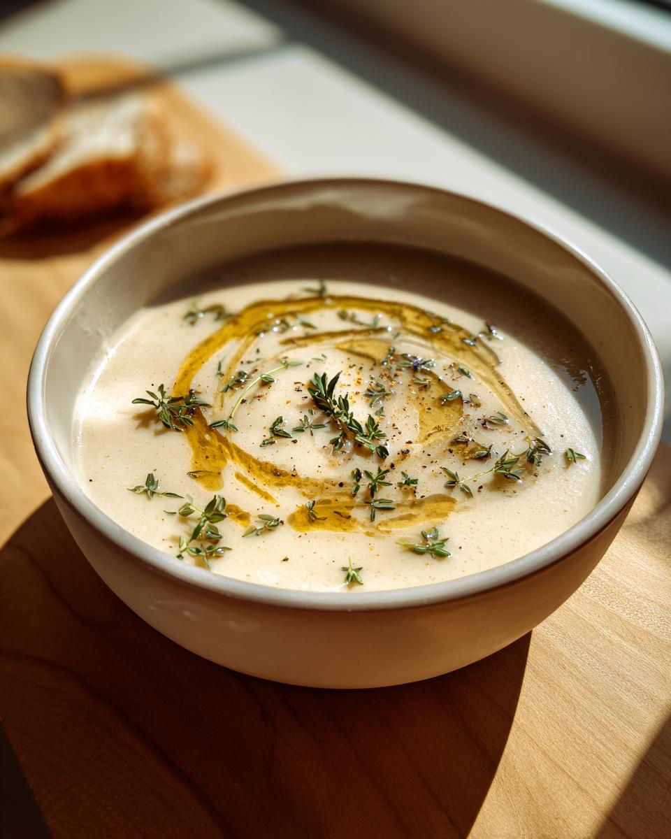 A creamy bowl of garlic soup topped with a swirl of olive oil, fresh thyme sprigs, and cracked pepper.