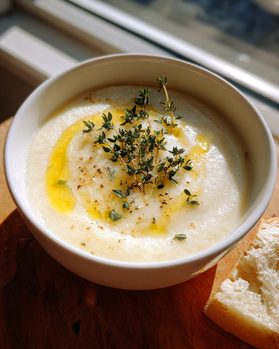 A creamy white garlic soup in a white bowl, drizzled with olive oil and topped with fresh thyme sprigs.