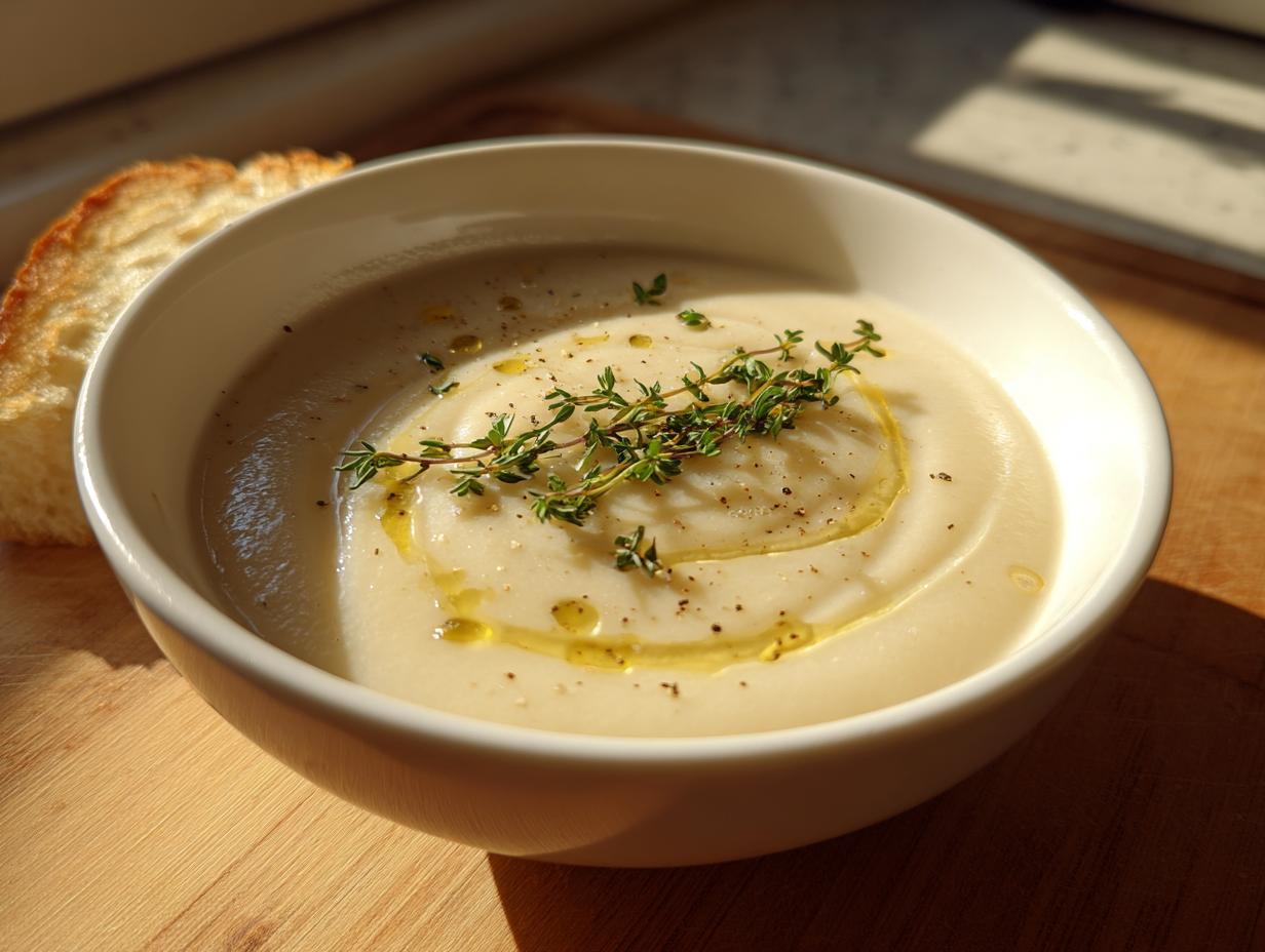 A close-up of a bowl of creamy white garlic soup, drizzled with olive oil and topped with fresh thyme.