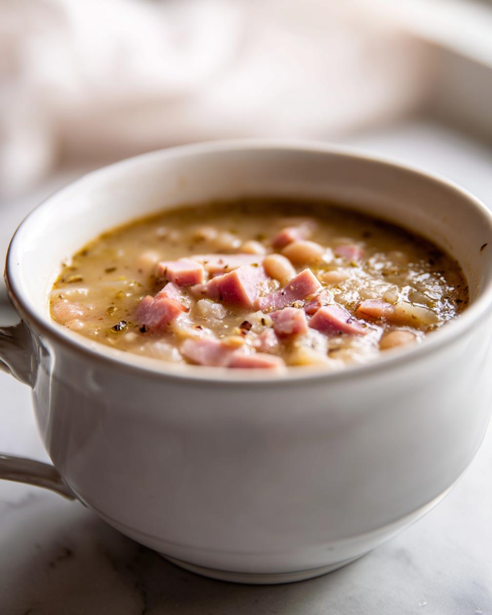 Close-up of a white bowl filled with creamy bean soup topped with diced ham pieces.