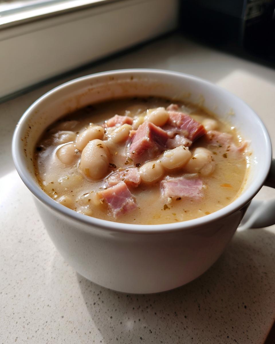 Close-up of a white mug filled with creamy bean soup featuring chunks of ham, perfect for a comforting bean soup.