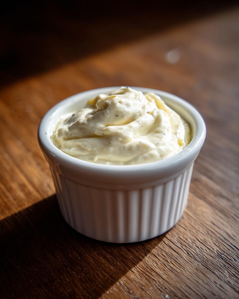 A close-up of creamy horseradish sauce for prime rib served in a small white fluted ramekin on a dark wooden surface.