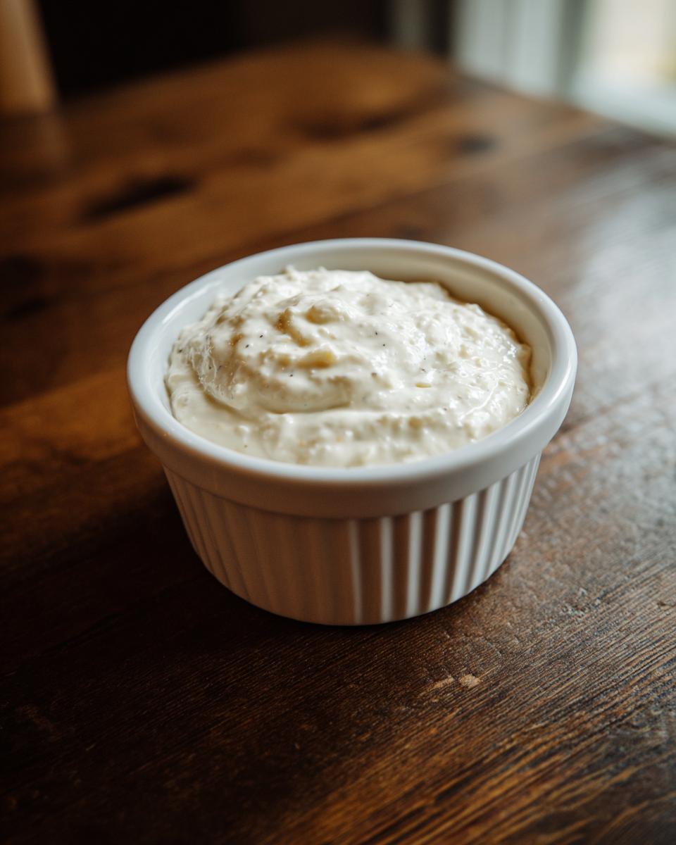 A small white ramekin filled with creamy horseradish sauce for prime rib sitting on a dark wooden table.