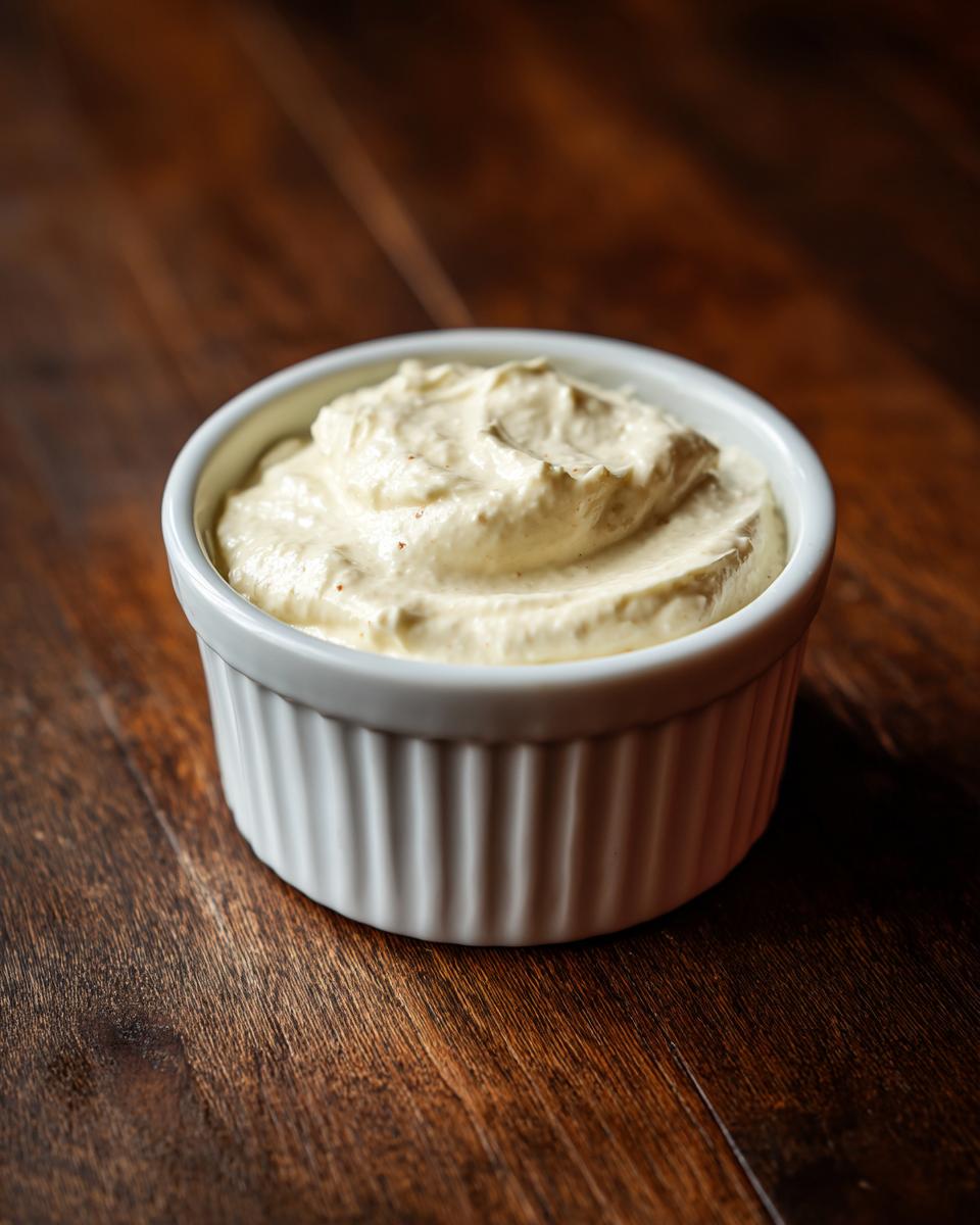 A small white ramekin filled with creamy horseradish sauce for prime rib resting on a dark wood surface.