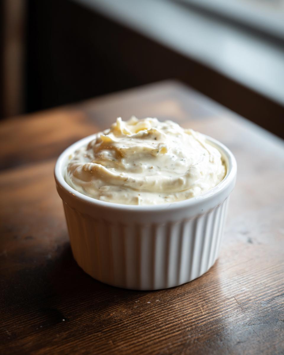 Close-up of creamy horseradish sauce for prime rib served in a small white fluted ramekin on a dark wooden surface.