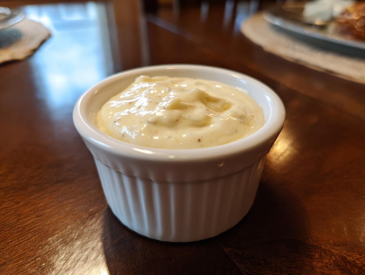 Close-up of creamy horseradish sauce for prime rib served in a small white fluted ramekin on a dark wooden table.