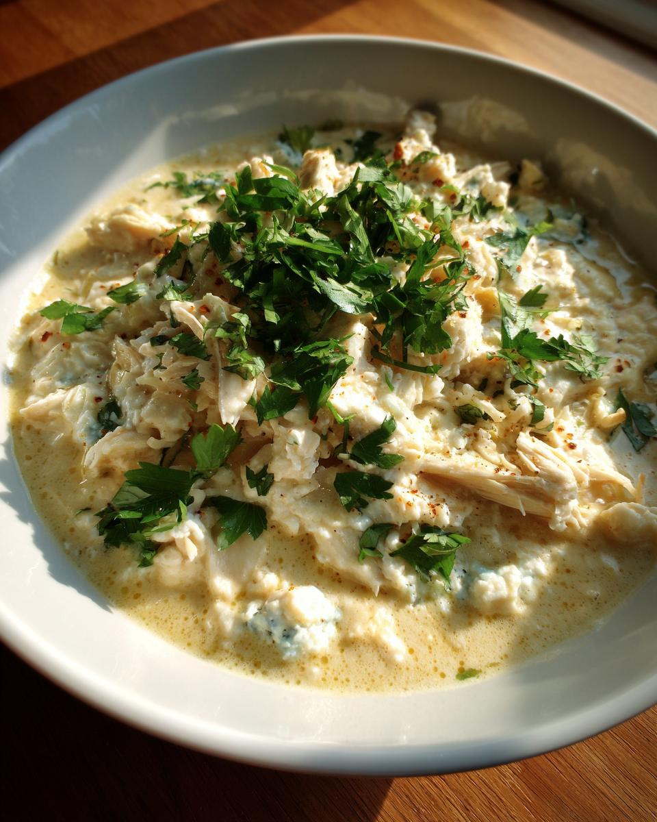 A close-up of a creamy bowl of keto white chicken chili, topped generously with fresh chopped parsley.