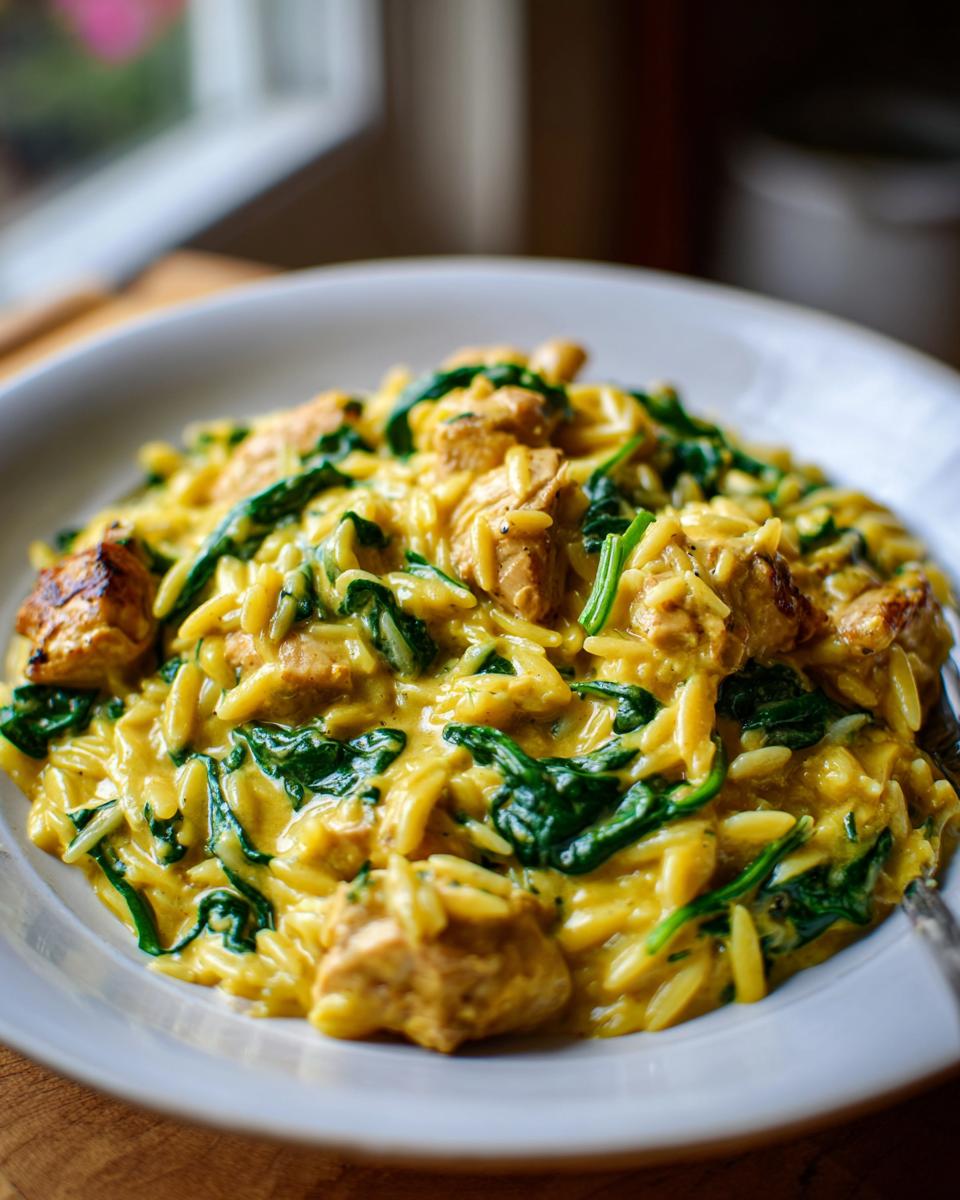 A close-up of creamy, yellow lemon chicken orzo mixed with vibrant wilted spinach served in a white bowl.
