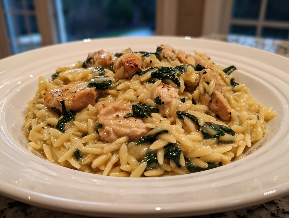 A close-up of creamy lemon chicken orzo pasta mixed with wilted spinach and chunks of seasoned chicken.