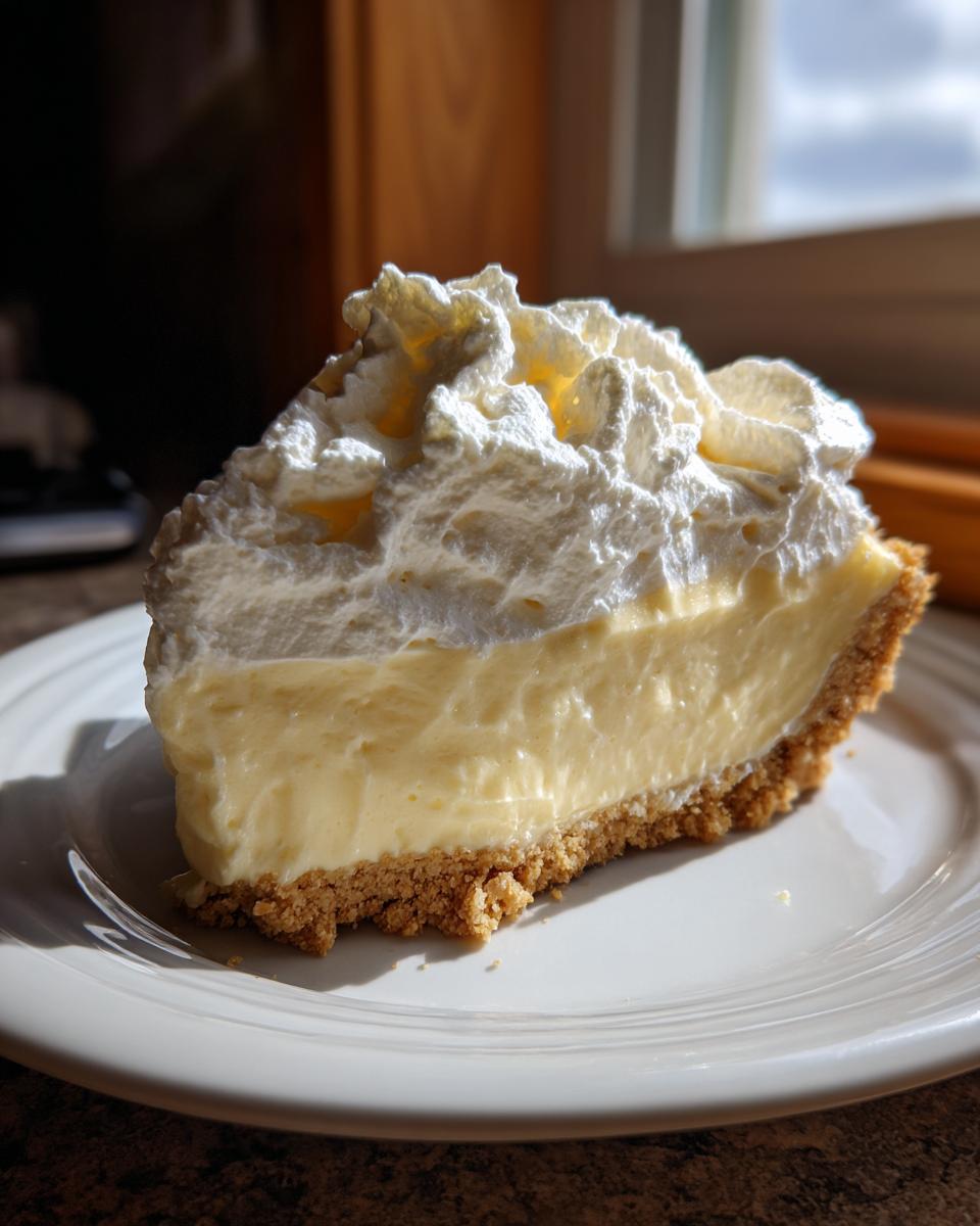 A tall slice of creamy lemon pie with a graham cracker crust, topped high with whipped cream.