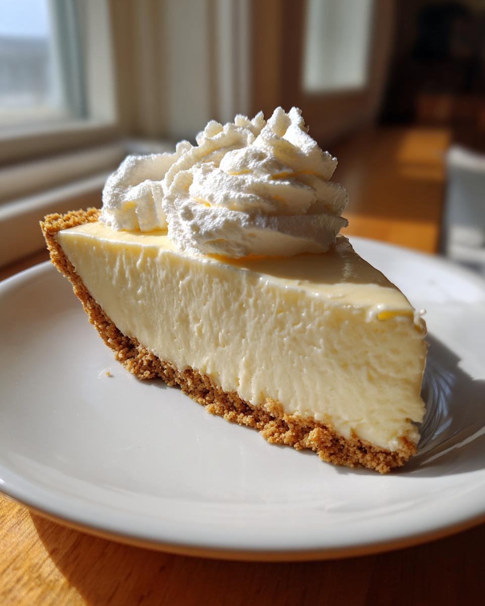 A thick slice of creamy lemon pie with a graham cracker crust, topped with a swirl of whipped cream.
