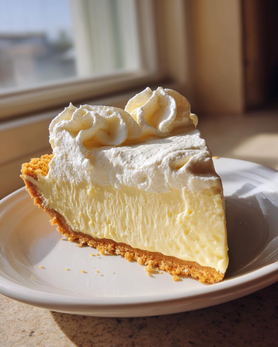 A perfect slice of creamy lemon pie with a graham cracker crust and swirls of whipped cream on top.