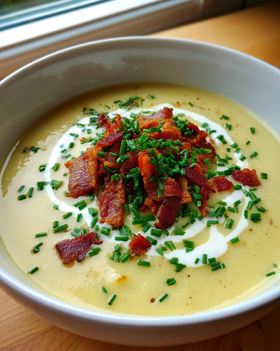 A close-up of a bowl of creamy loaded baked potato soup topped with crumbled bacon, sour cream swirl, and fresh chives.