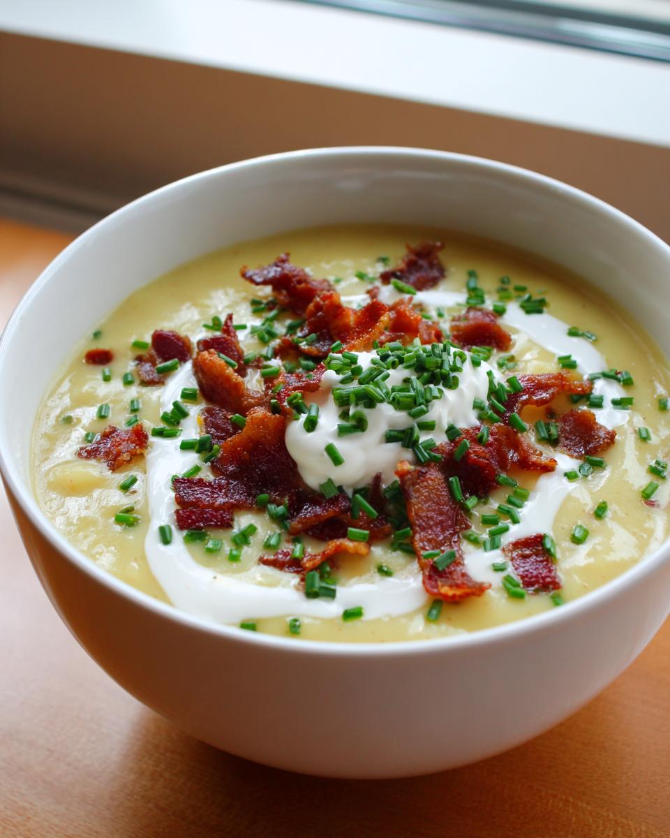 A close-up of a bowl of creamy loaded baked potato soup topped with sour cream, crispy bacon bits, and fresh chives.