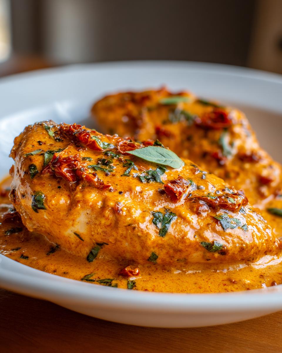 Close-up of two chicken breasts smothered in creamy, orange-hued marry me chicken sauce with sun-dried tomatoes and fresh basil.