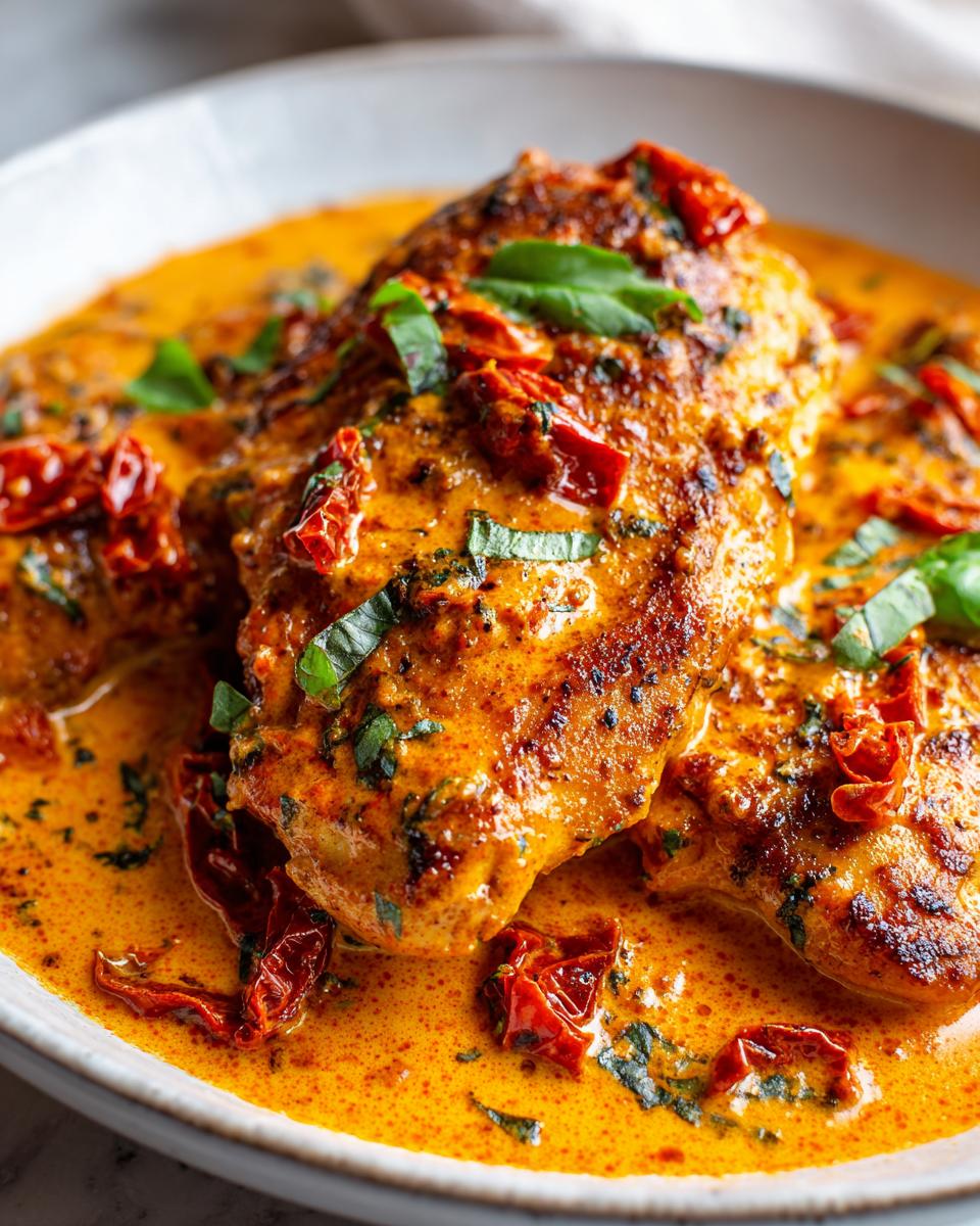 Two seared chicken breasts covered in a rich, creamy orange sauce with sun-dried tomatoes and fresh basil, perfect for Marry Me Chicken.