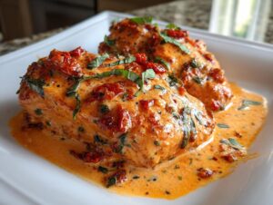 Two pieces of Marry Me Chicken smothered in a creamy, orange-hued sauce with sun-dried tomatoes and fresh basil.