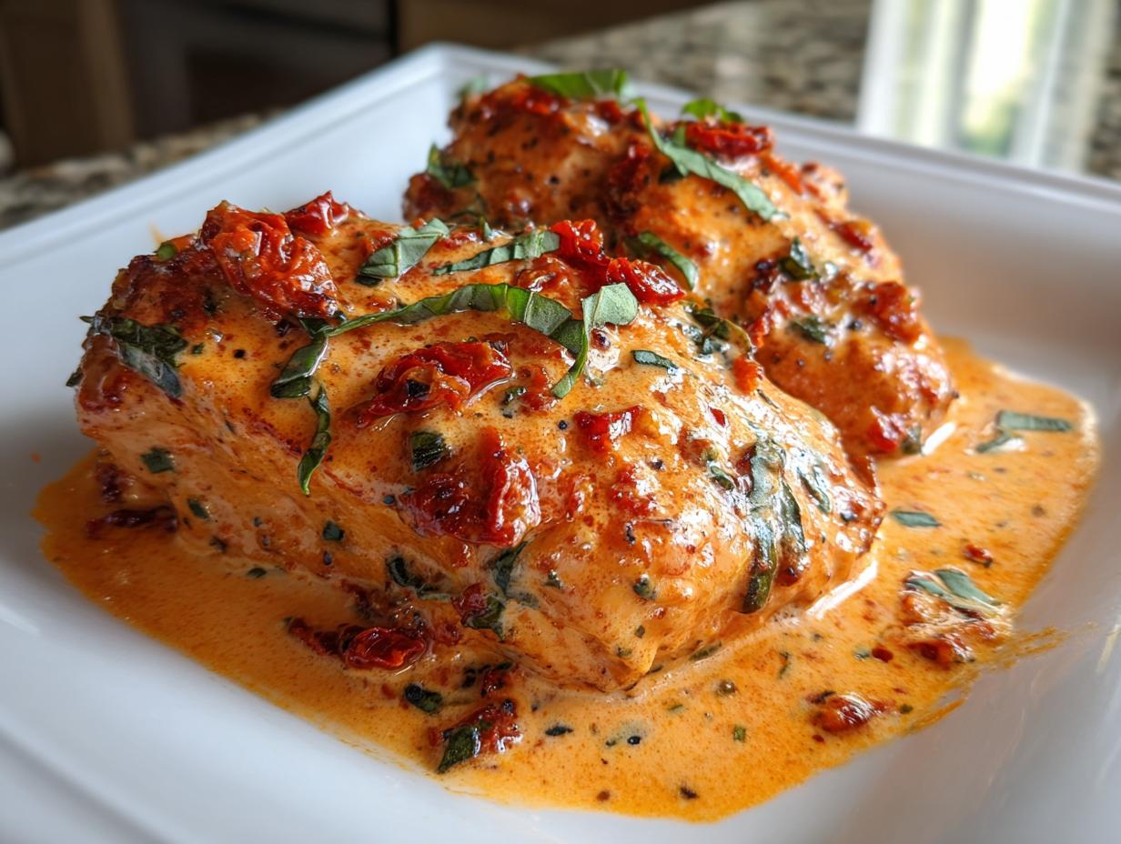 Two pieces of Marry Me Chicken smothered in a creamy, orange-hued sauce with sun-dried tomatoes and fresh basil.