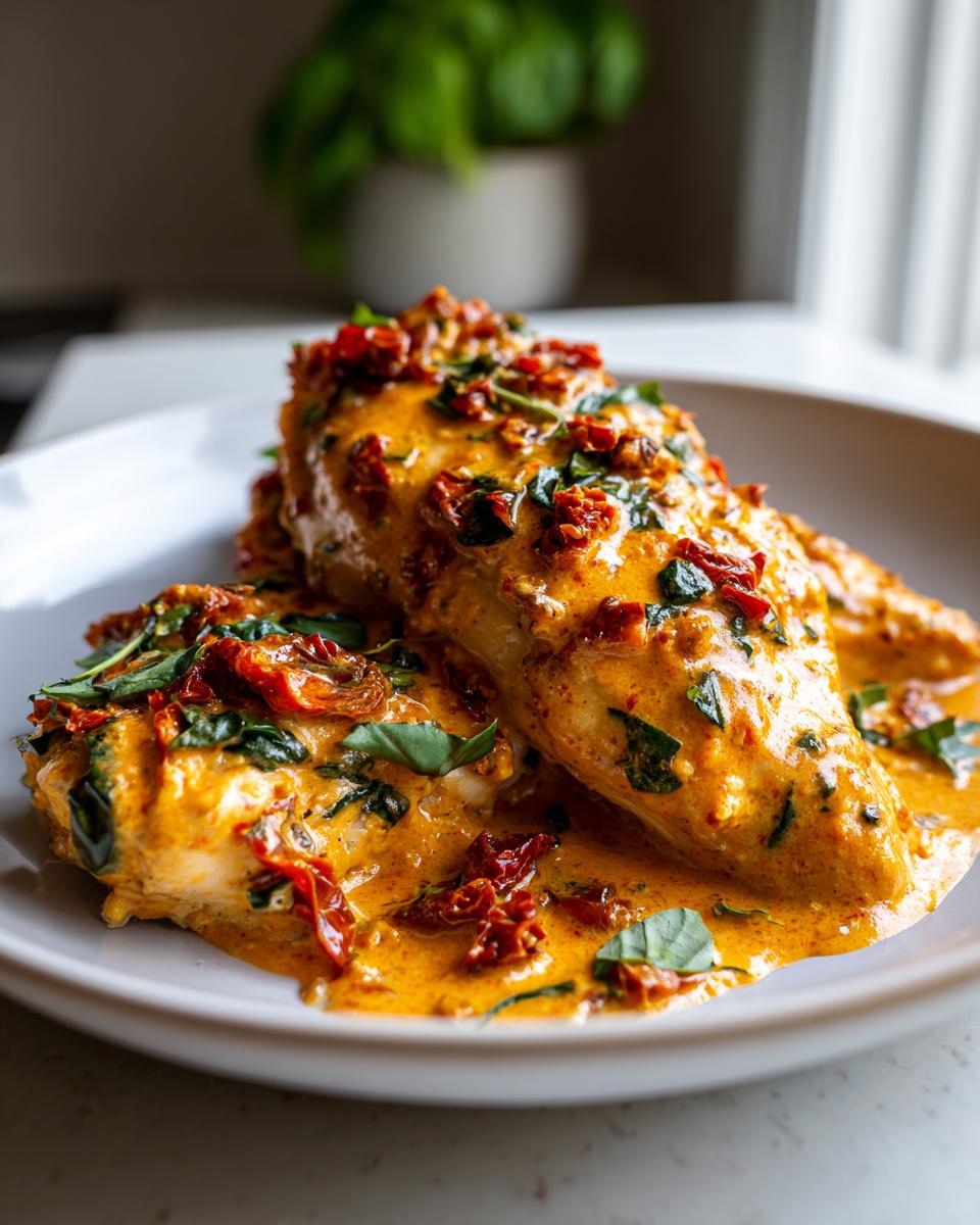 Two chicken breasts smothered in a creamy, orange sauce with sun-dried tomatoes and fresh basil, known as Marry Me Chicken.