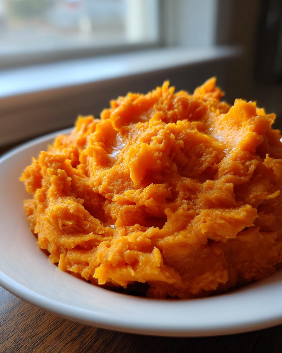 A close-up of fluffy, bright orange mashed sweet potatoes with a slight sheen of butter in a white bowl.