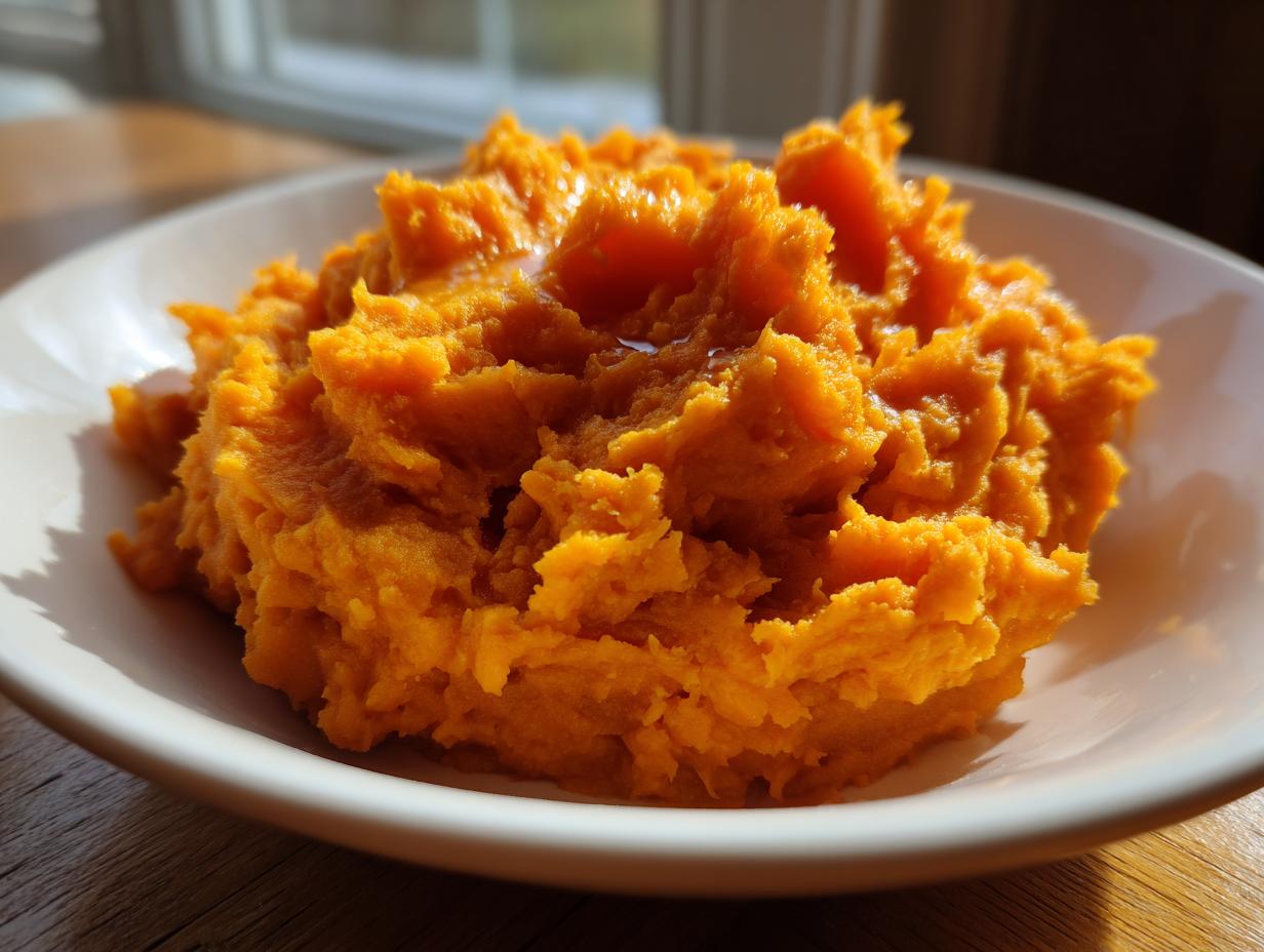 A close-up of fluffy, bright orange mashed sweet potatoes served in a white bowl, highlighting their creamy texture.