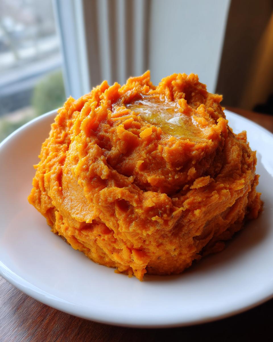 A generous serving of bright orange, creamy mashed sweet potatoes topped with melting butter in a white bowl.