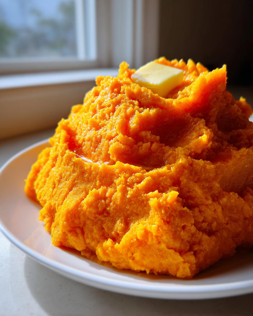 A mound of bright orange mashed sweet potatoes topped with a melting pat of butter, served on a white plate.
