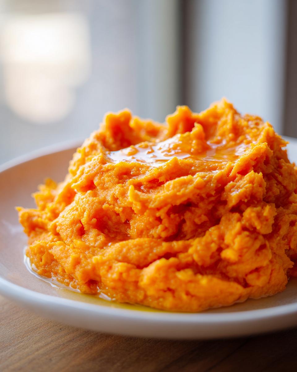 A close-up of fluffy, bright orange mashed sweet potatoes topped with a shiny drizzle of butter or syrup.