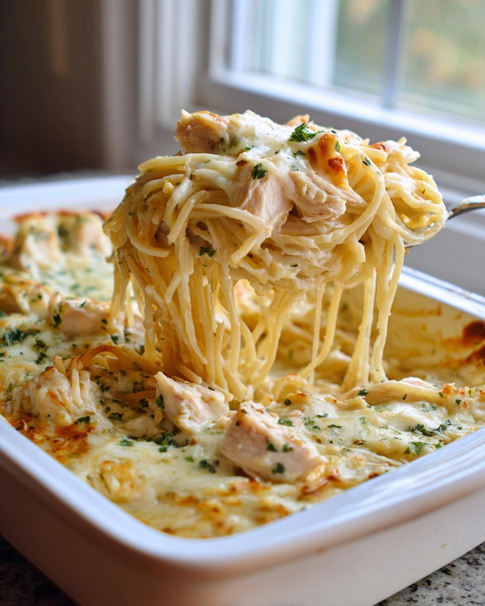 A fork lifts a generous portion of creamy Monterey chicken spaghetti from a white baking dish, showing melted cheese and herbs.