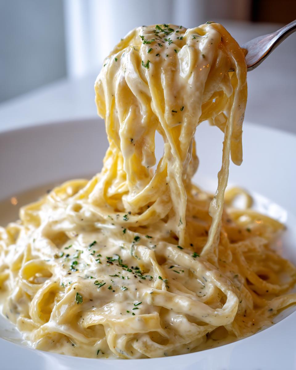 A fork lifting fettuccine noodles heavily coated in creamy olive garden alfredo sauce, garnished with parsley.