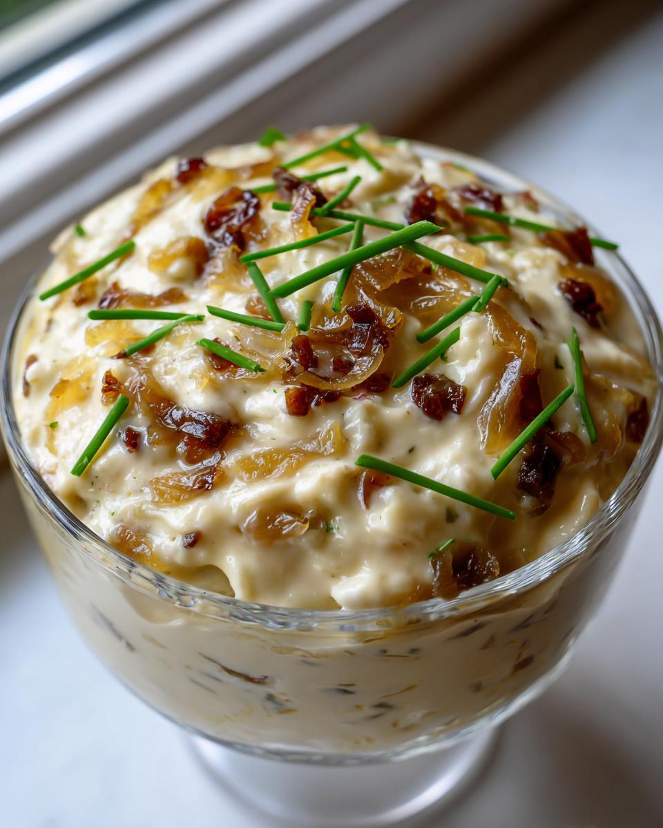 Close-up of creamy homemade onion dip topped generously with caramelized onions and fresh chives.